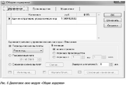 Диалоговое окно модуля общие издержки